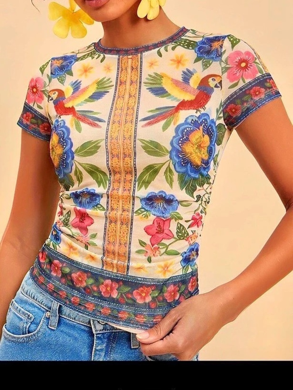 SHEIN Floral Short Sleeve Sheer Mesh Top in Multicolor